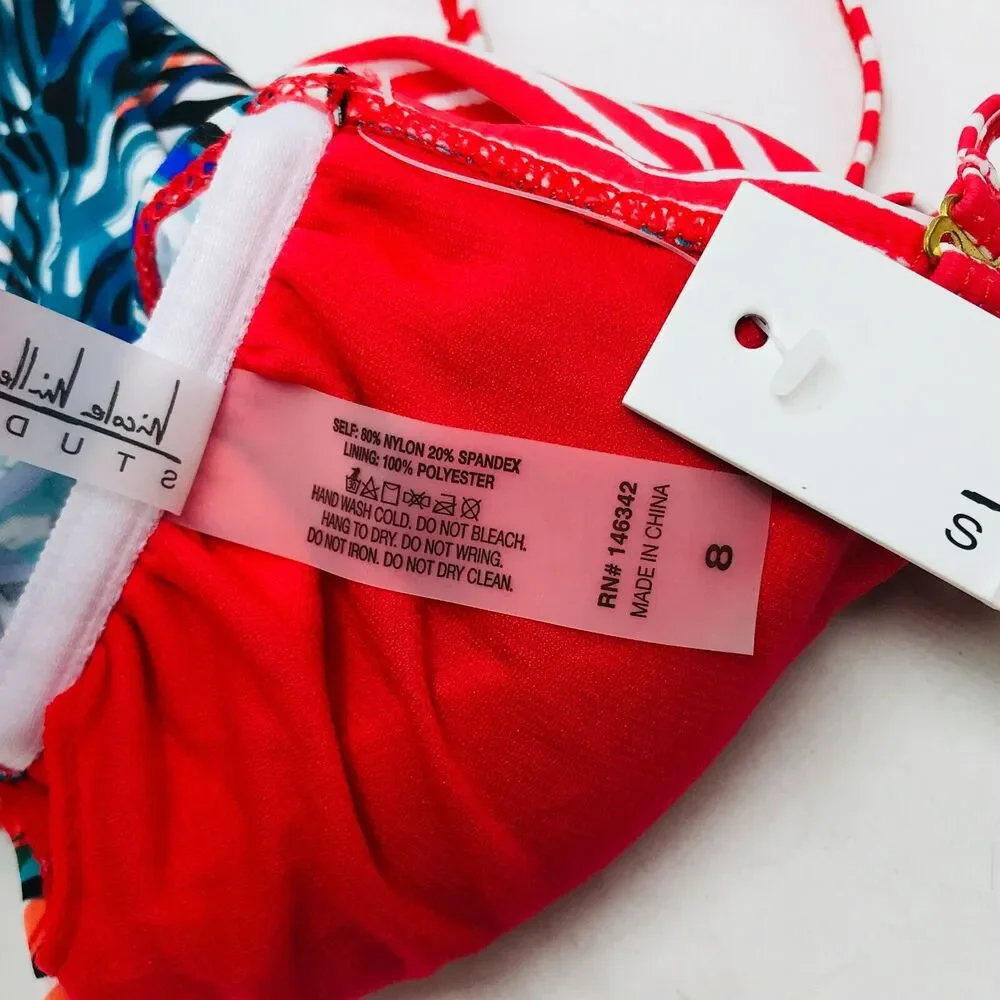 Nicole Miller Women's 10 Bikini Set Multicolor Padded Halter Tie Waist NWT CF18